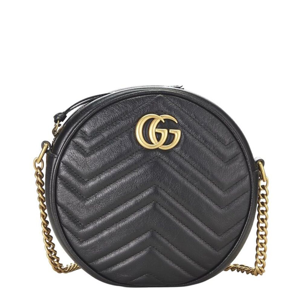 Gucci Black Leather Gg Marmont Round Shoulder Bag Mini (Authentic Pre-Loved)